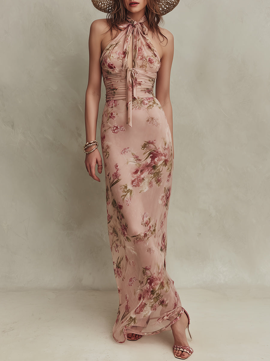 Elegant Floral Print Keyhole Neckline Chiffon Maxi Dress