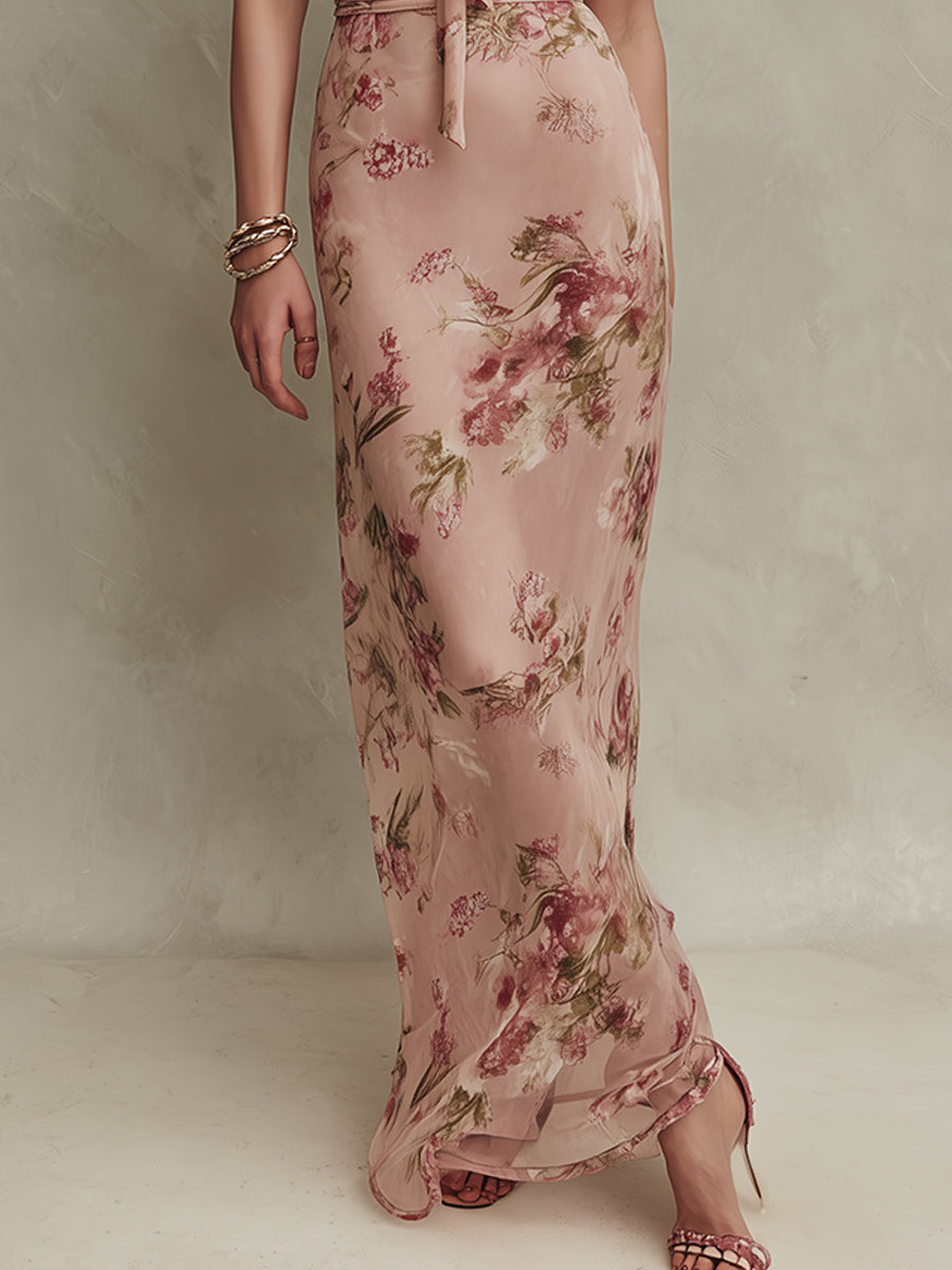 Elegant Floral Print Keyhole Neckline Chiffon Maxi Dress