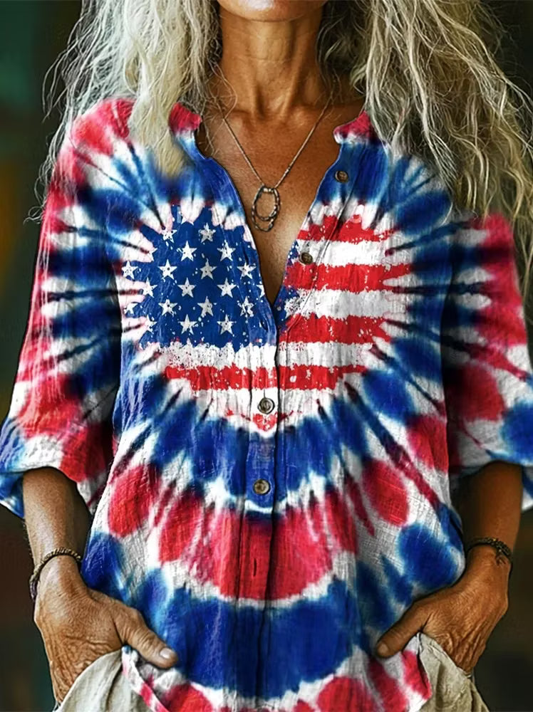 Women'S Independence Day Tie-Dye Love American Flag Print Cotton Stand Collar Three-Quarter Sleeve Shirt