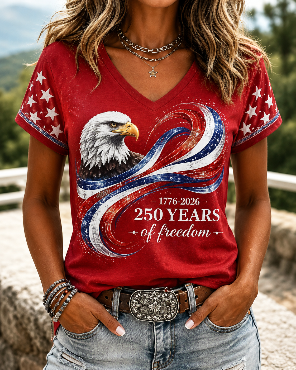Women's American Flag 250th Anniversary Short Sleeved V-neck Blouse