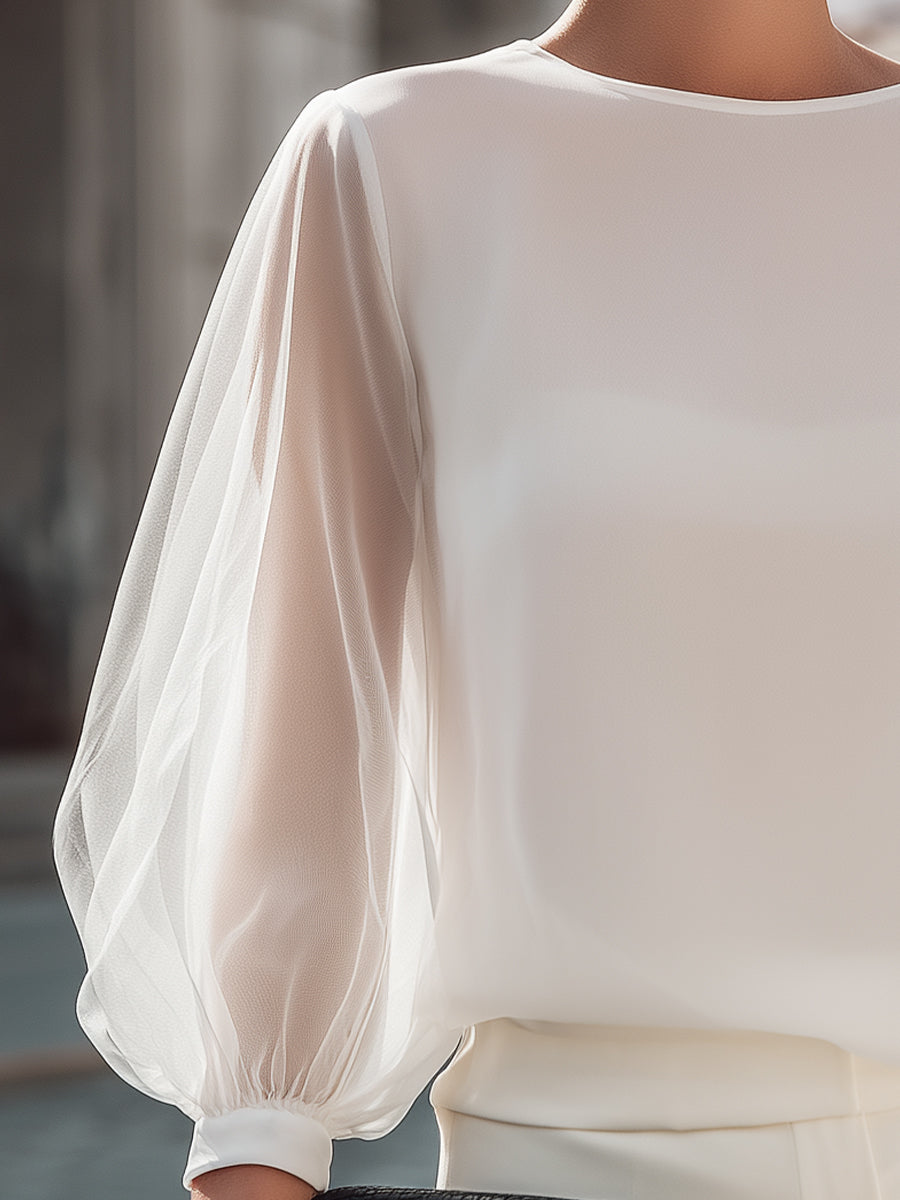Sheer Sleeve Round Neck Blouse With Soft Volume