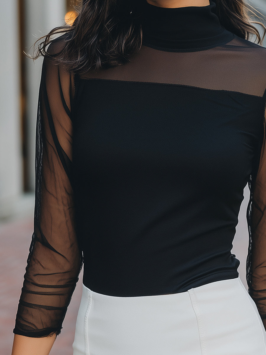 Sheer-Sleeve High-Neck Fitted Top