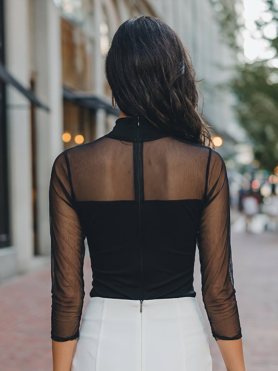 Sheer-Sleeve High-Neck Fitted Top