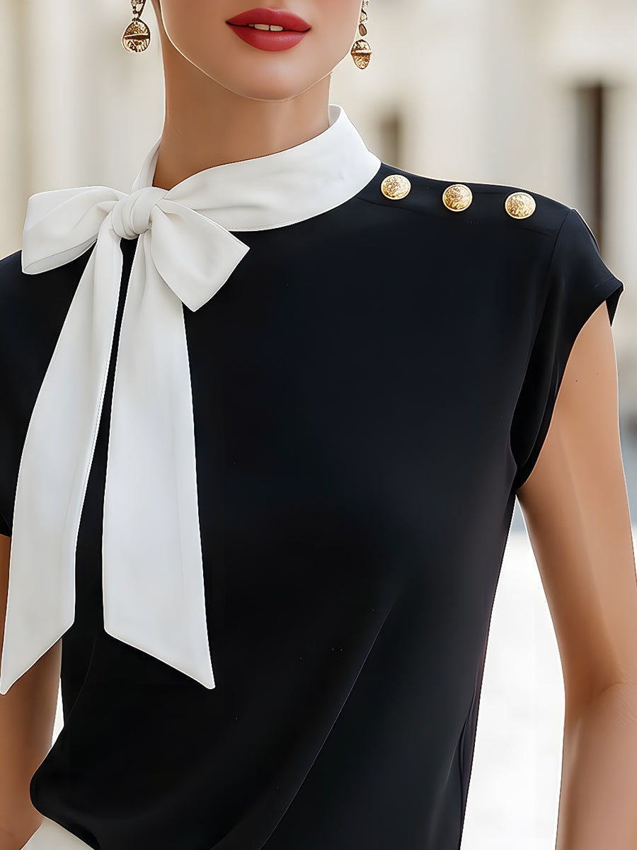 Structured Bow-Tie Cap Sleeve Blouse
