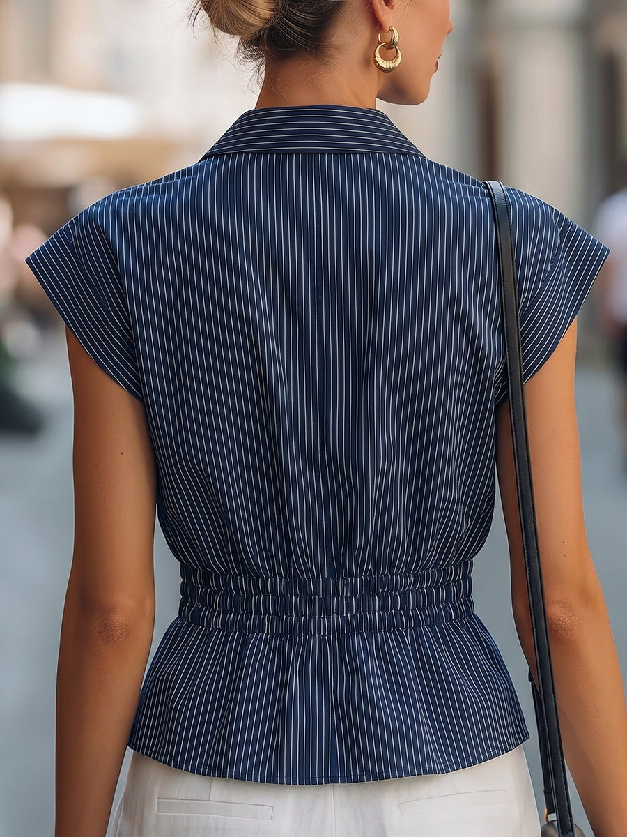 Cap Sleeve Pinstripe Button-Front Blouse