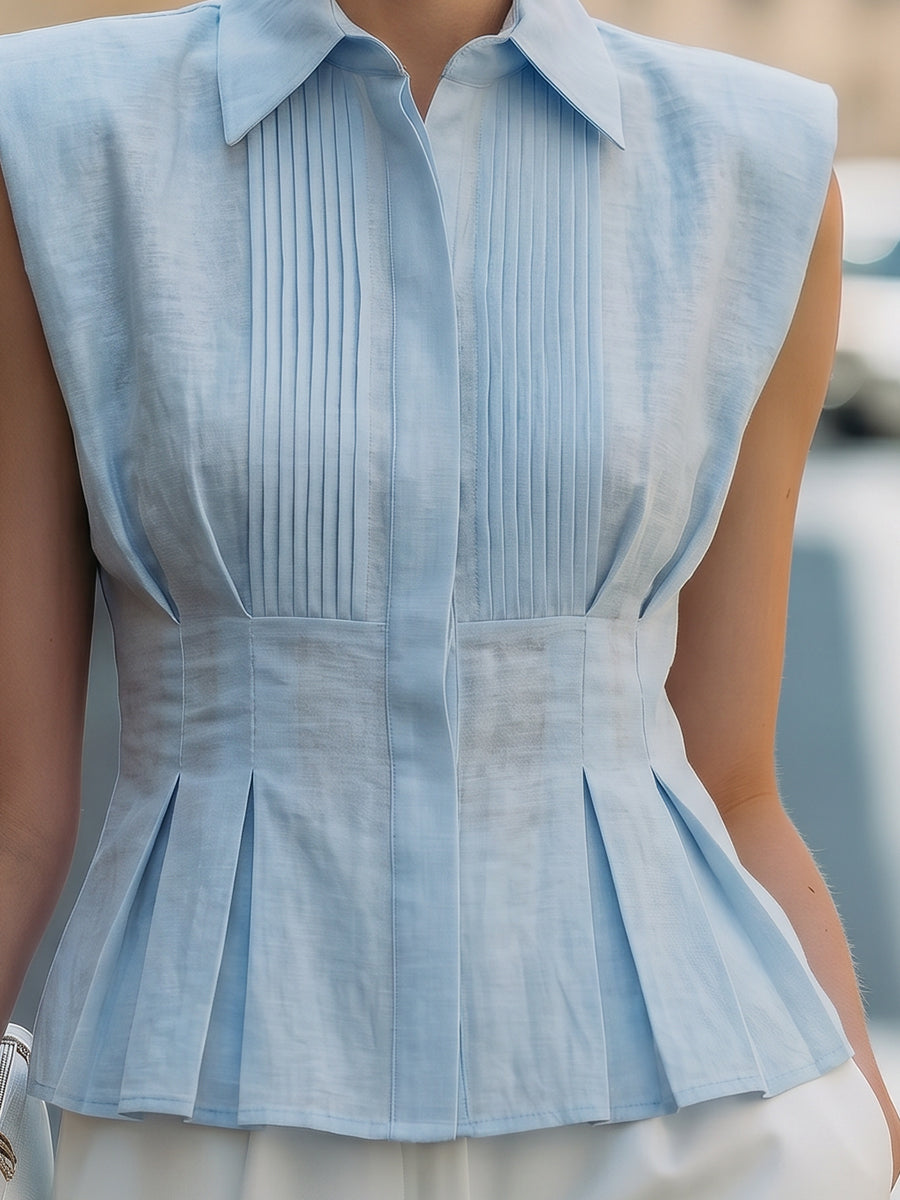 Sleeveless Pleated Button-Front Blouse