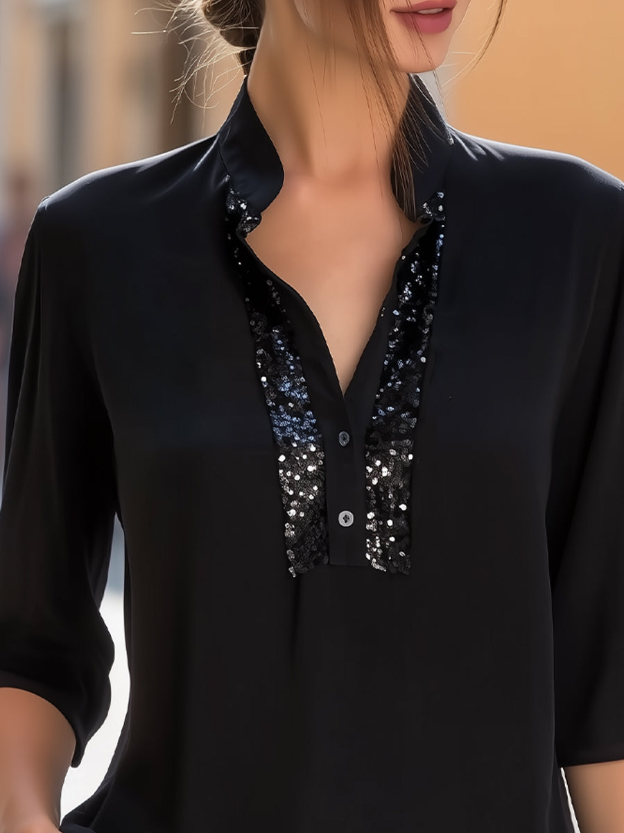 Sequin Placket 3/4 Sleeve Stand Collar Blouse
