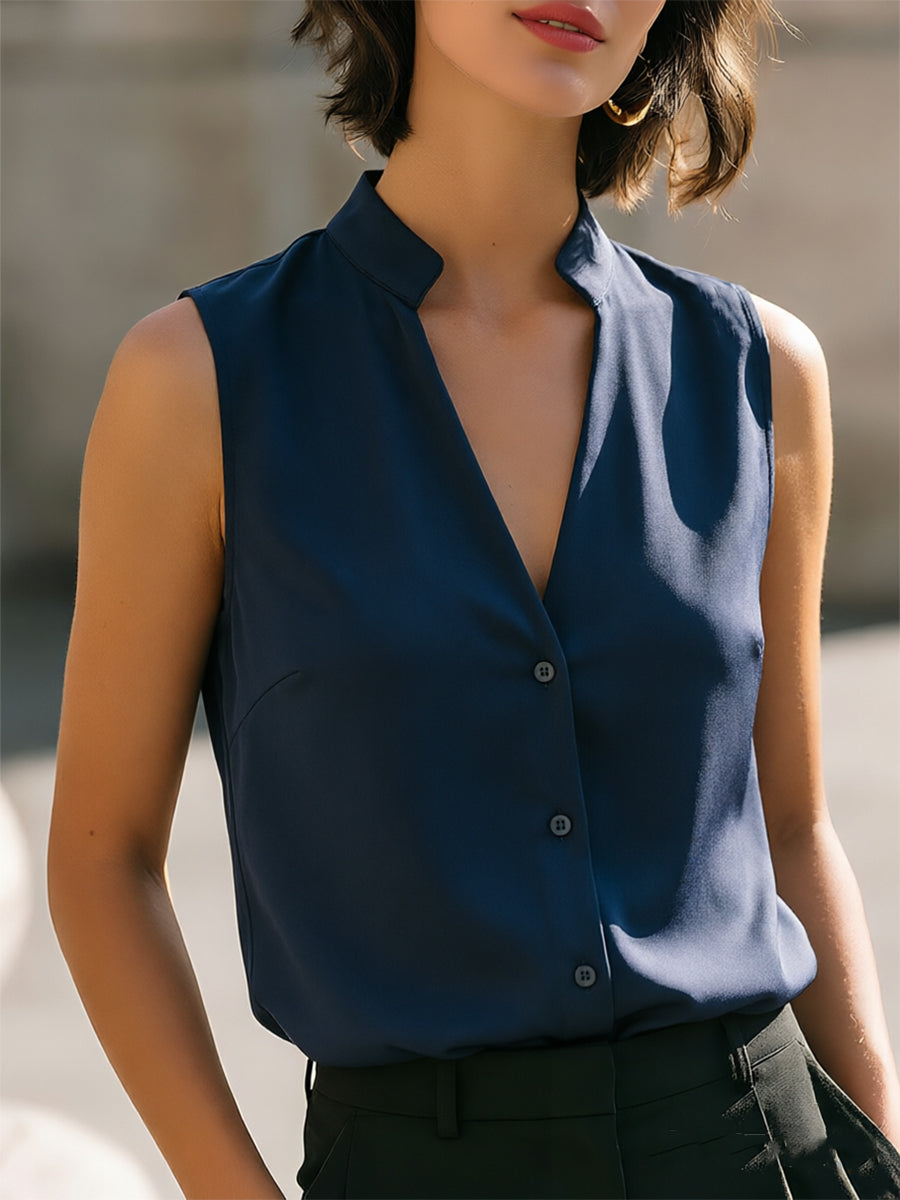 Stand Collar Sleeveless Button-Front Blouse