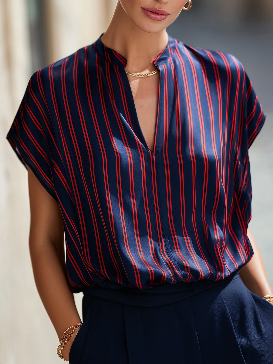 Stand Collar Split Neck Striped Satin Dolman Blouse