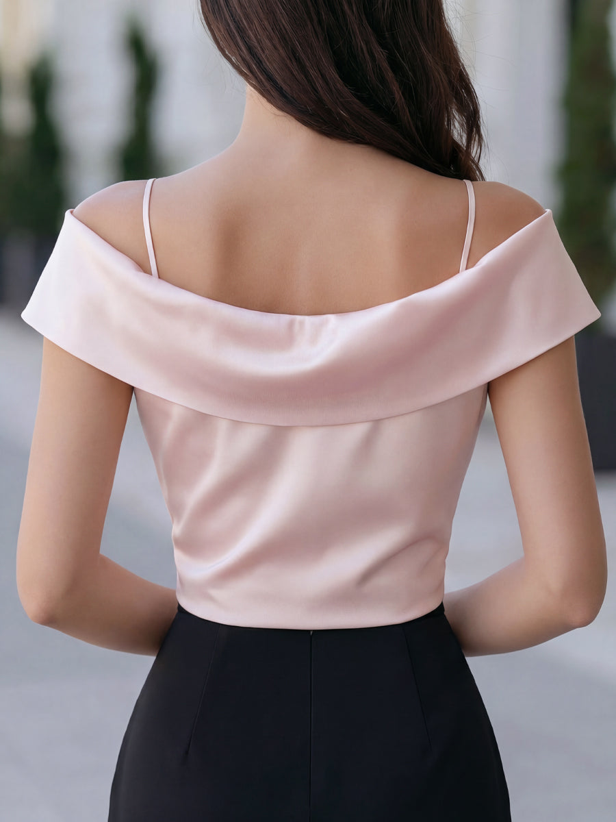 Off-Shoulder Fold-over Draped Satin Blouse