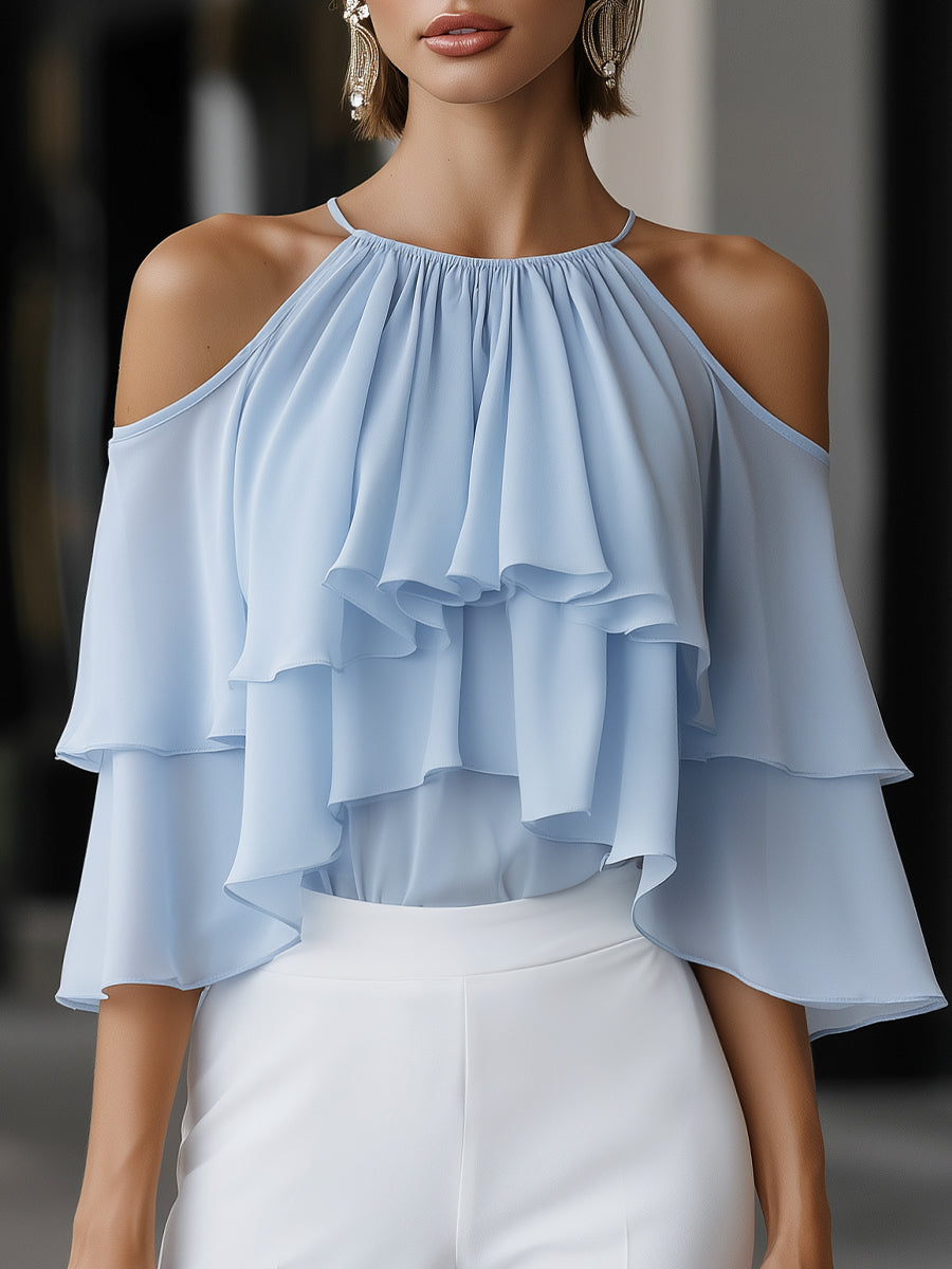 Elegant Cold-Shoulder Tiered Ruffle Chiffon Blouse