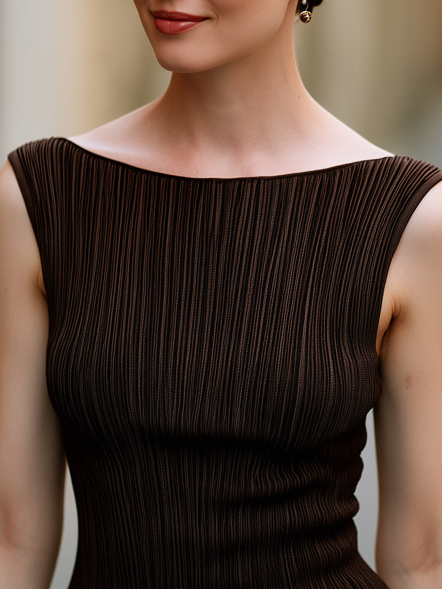 Ribbed Sleeveless Boat Neck Fitted Top