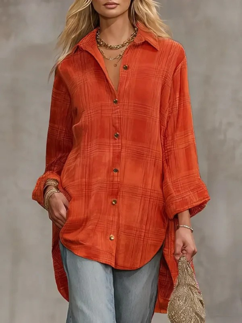 Women's Plaid Shirt Collar Long Sleeve Casual Loose Velvet Top