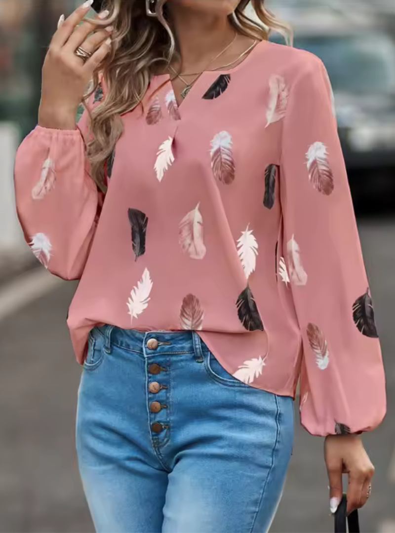 Caelina™ | Long Sleeve Feather Pattern Blouse