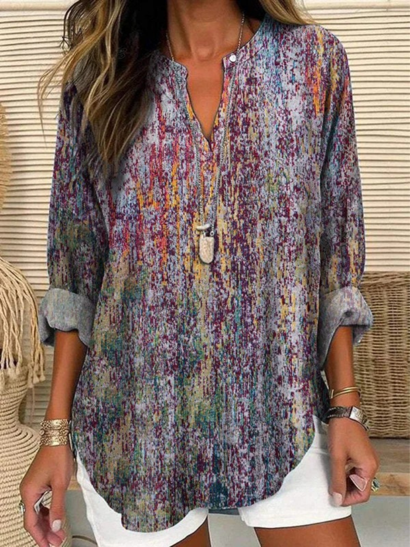 Women's Retro Art Print Casual Linen V-neck Shirt