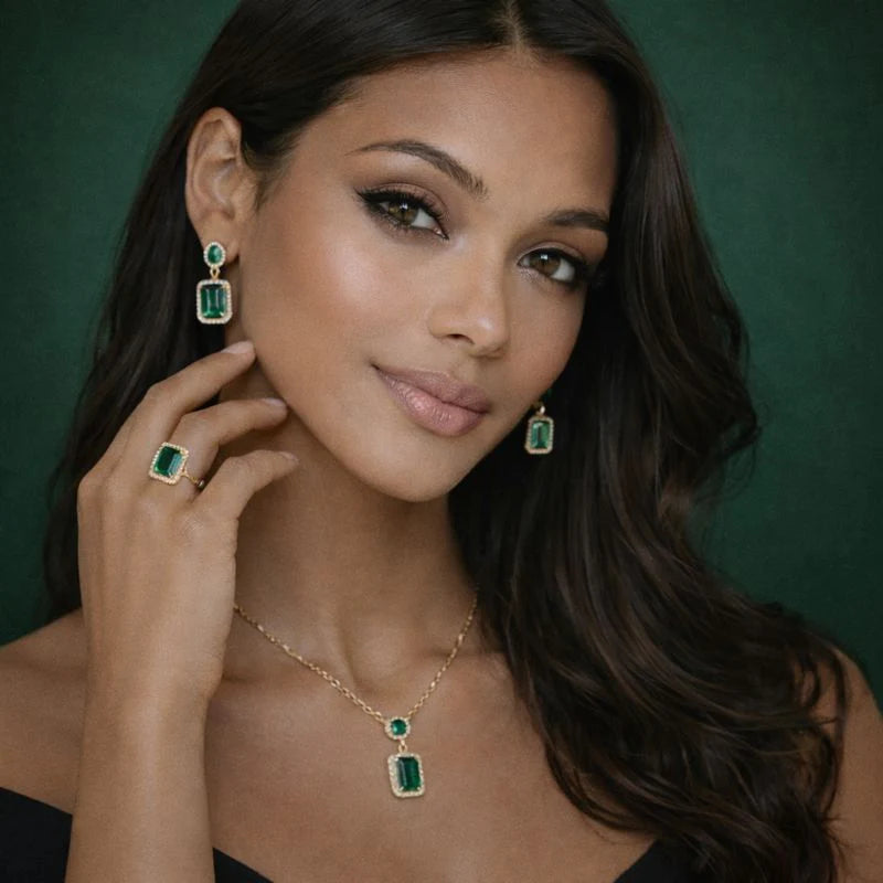 Dianna™ | Emerald Necklace, Earrings & Ring Set