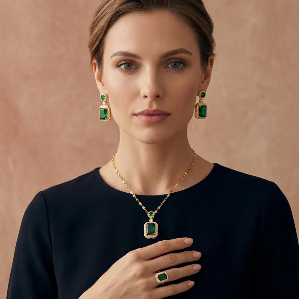 Dianna™ | Emerald Necklace, Earrings & Ring Set