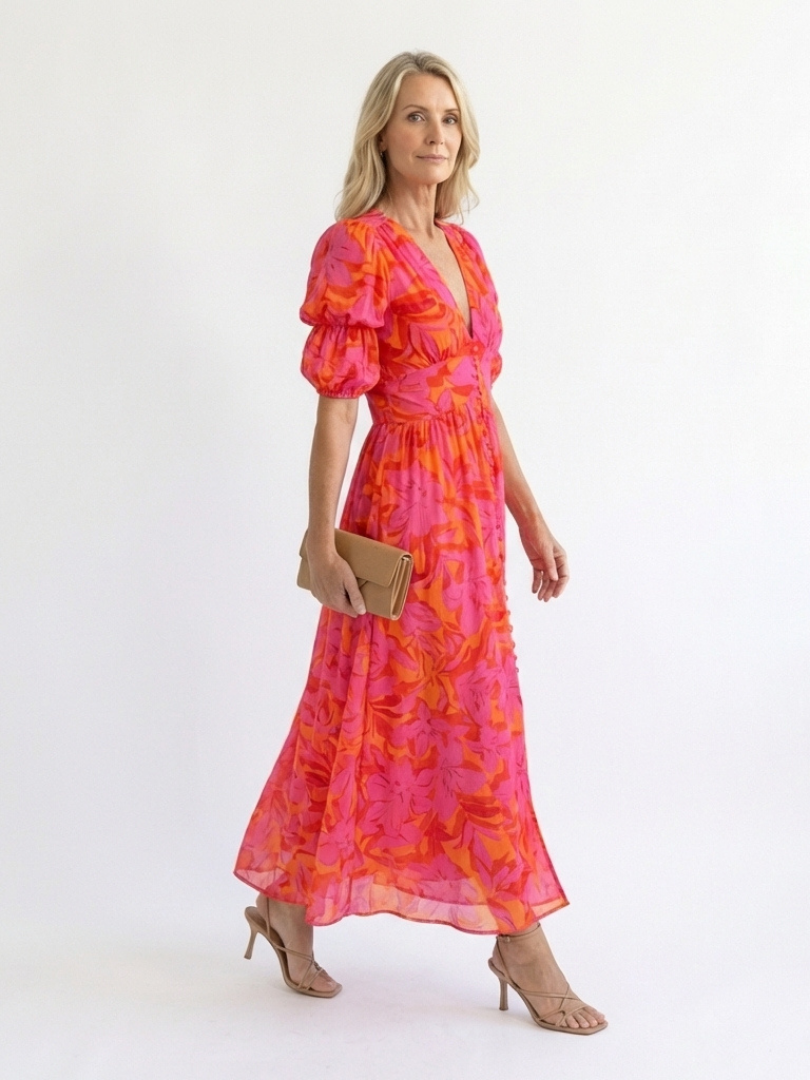 Monica™ | Floral V Neck Puff Sleeve Midi Dress