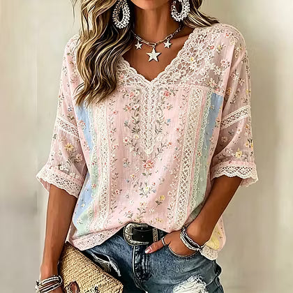 Vintage-inspired Small Floral And Lace Embroidery Patchwork Art Comfortable Linen Blend V-neck Top