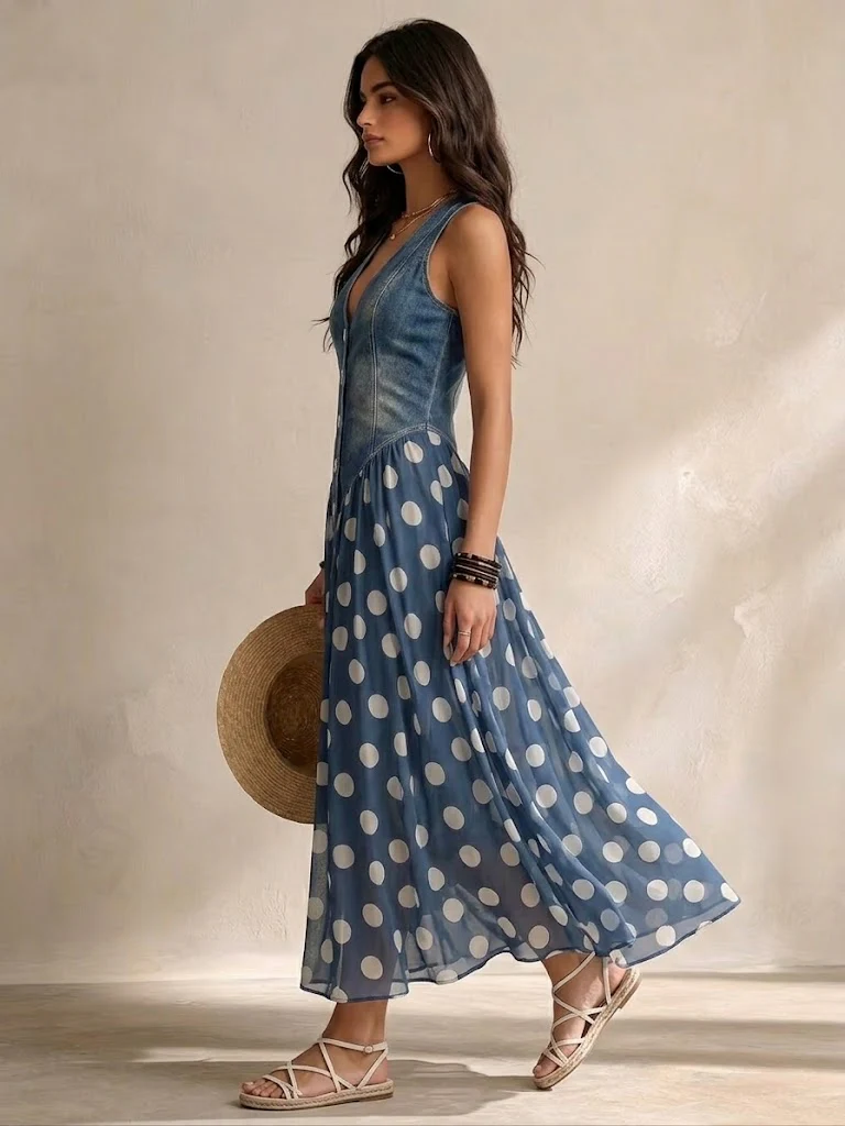 Galina™ | Vintage Polka Dot Denim Maxi Dress