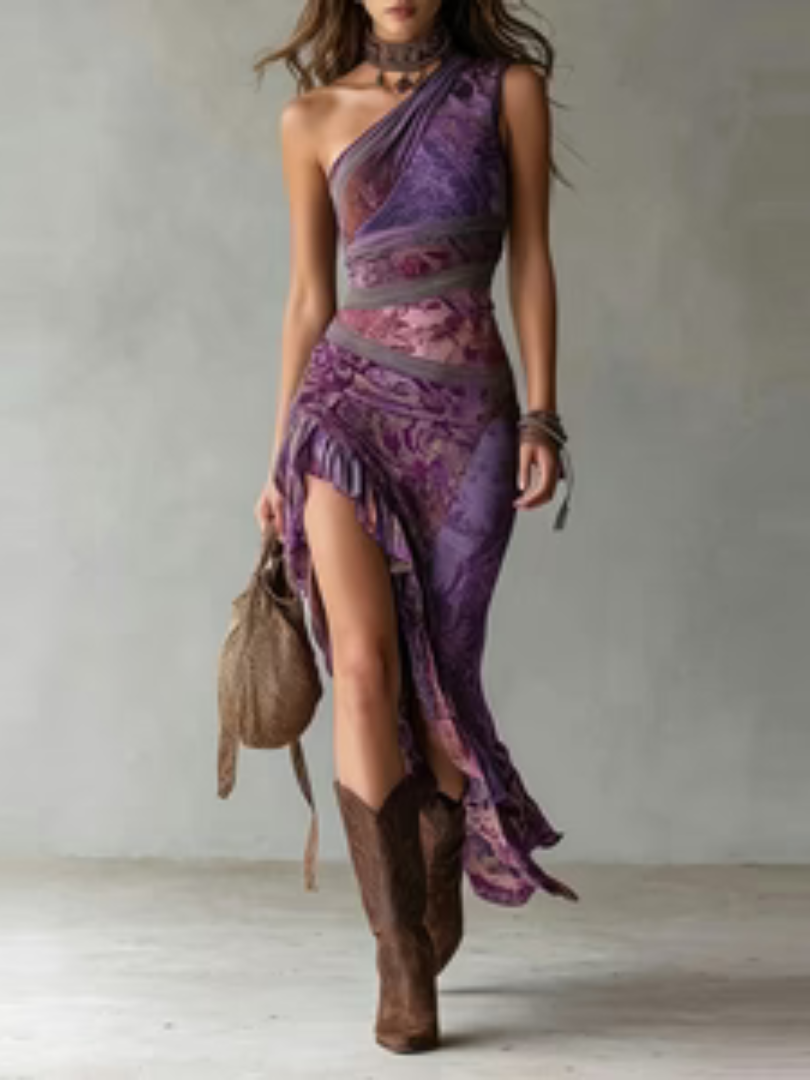 Ursula™ | Elegant One-Shoulder Floral Print Dress