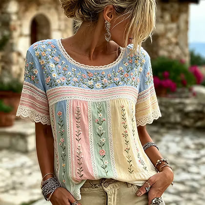 Women's Small Floral And Lace Art Splicing Comfortable Cotton Linen Casual Round Neck Short Sleeve Top