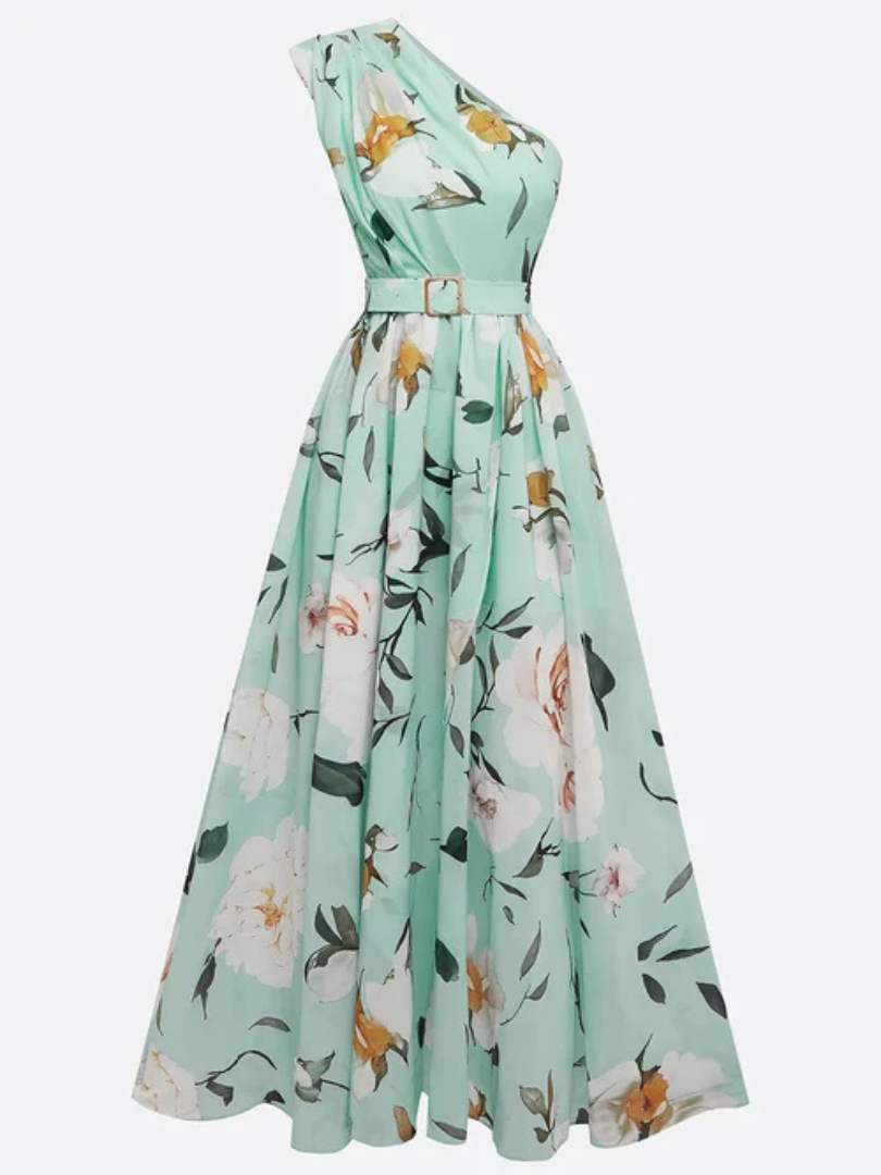 Eleanora™ | Floral Asymmetrical Shoulder Chiffon Maxi Dress