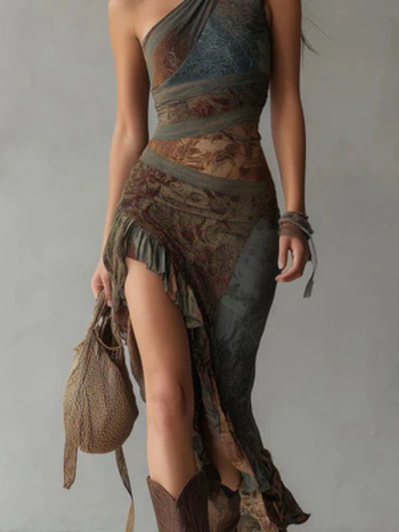 Ursula™ | Elegant One-Shoulder Floral Print Dress