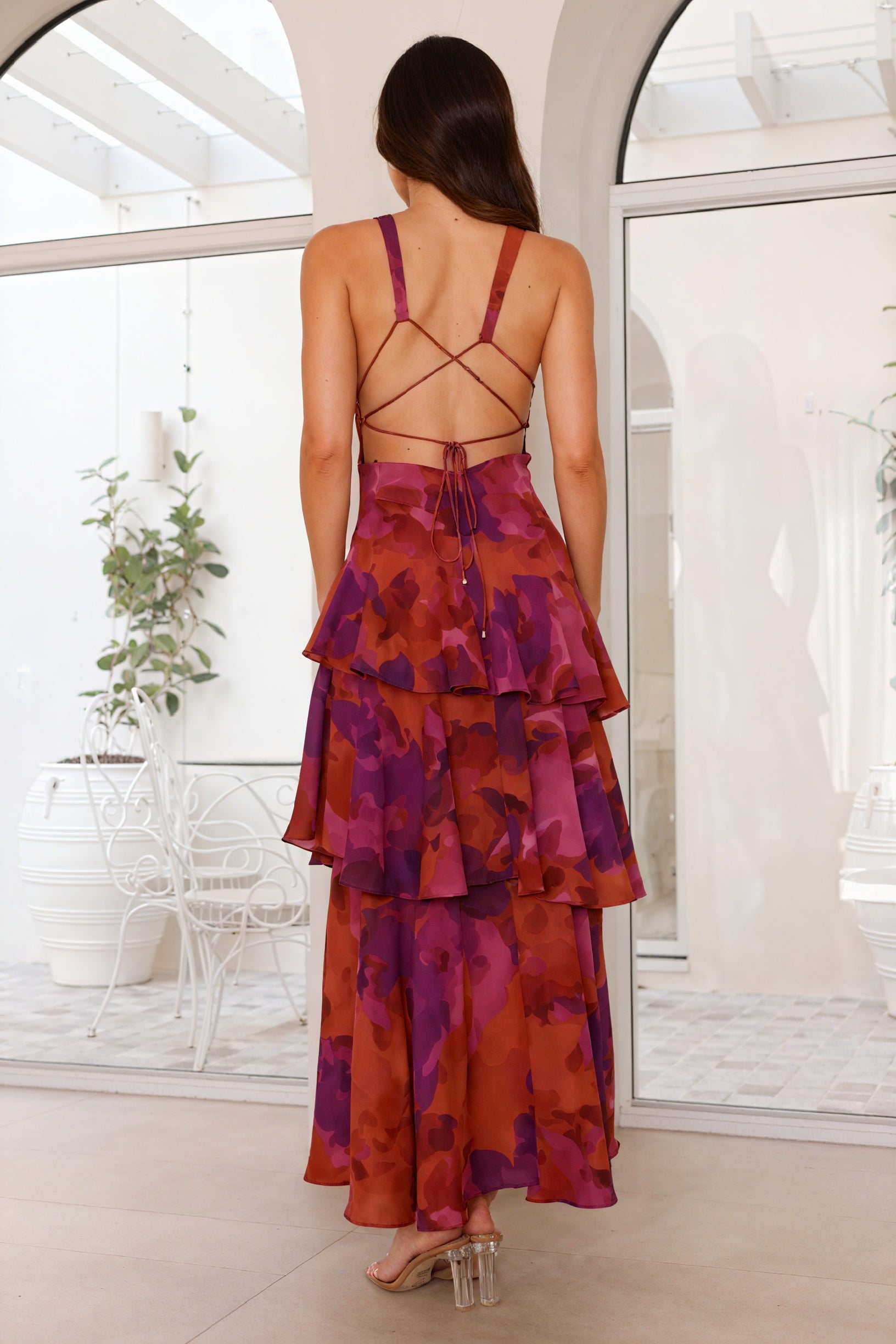 Dress with Floral Print and Deep V-Neck