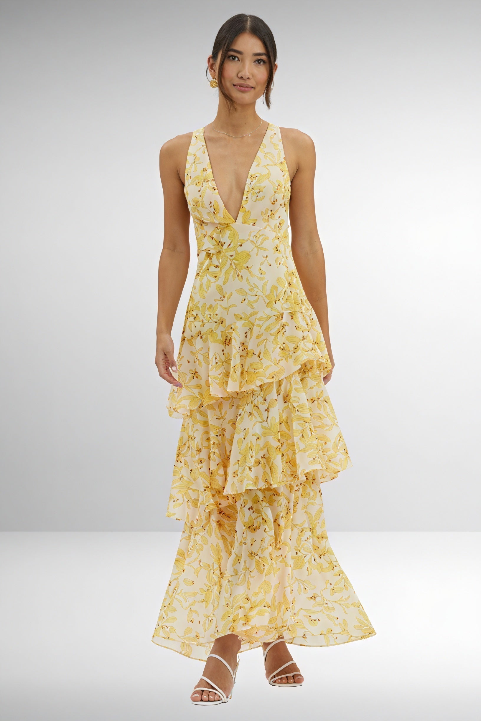 Dress with Floral Print and Deep V-Neck