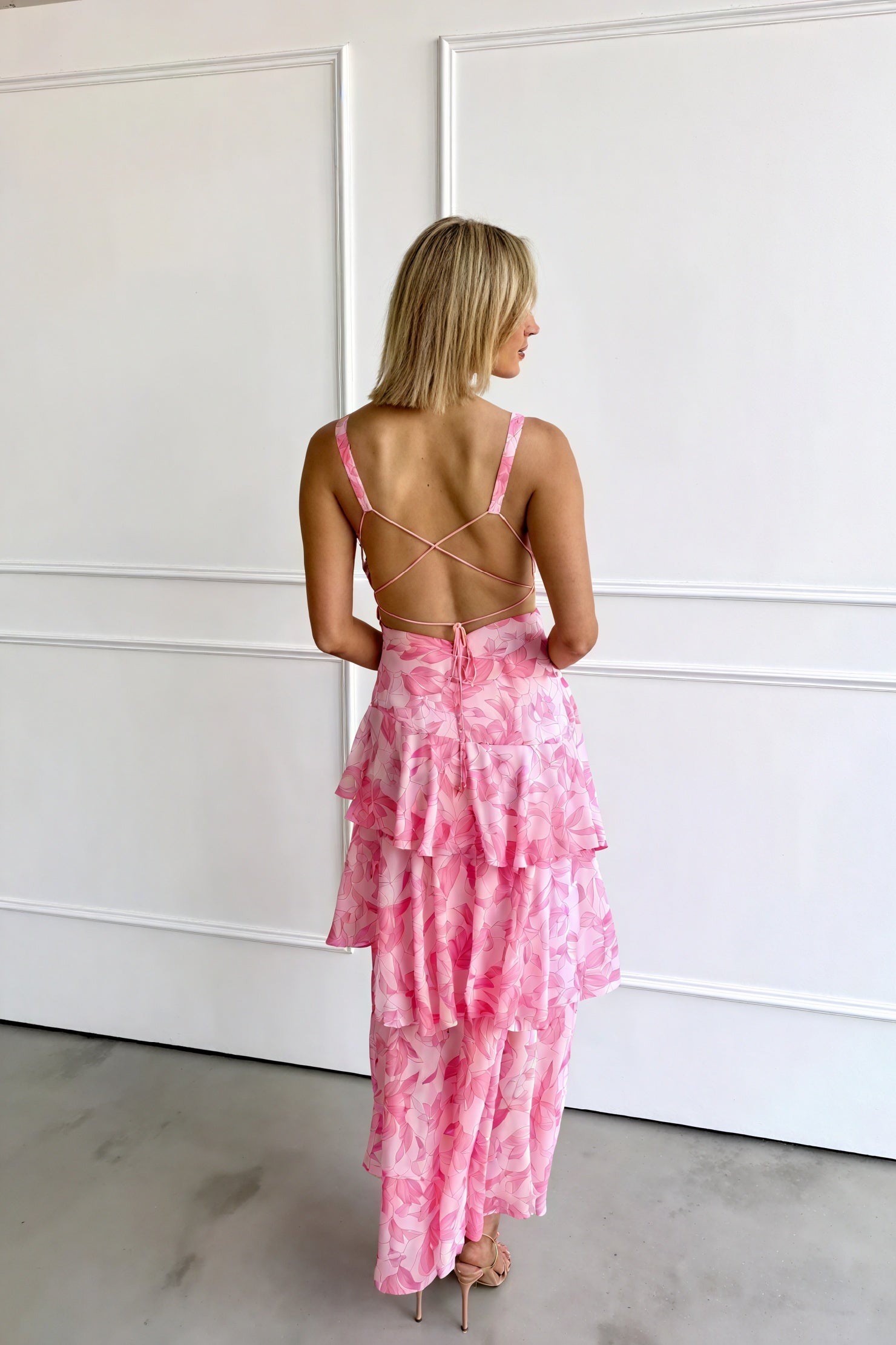 Dress with Floral Print and Deep V-Neck