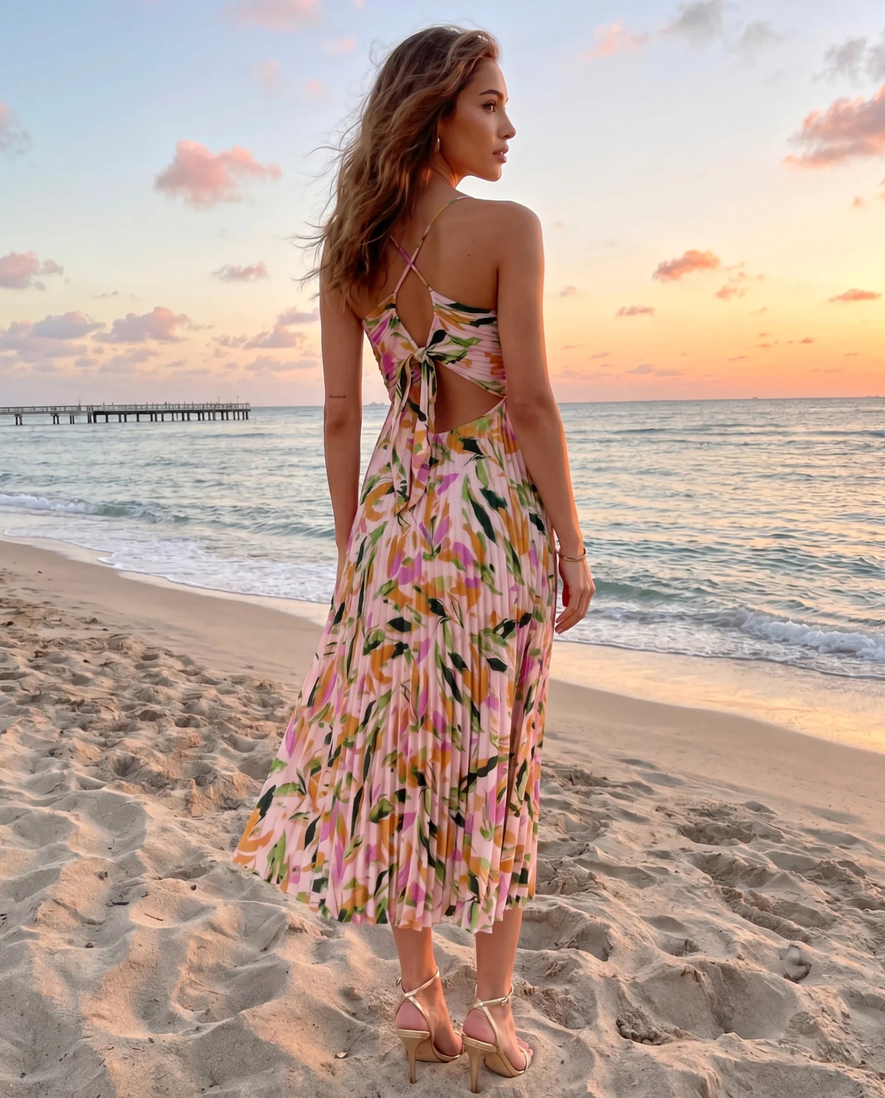 Hannah™ | Multicolor Abstract Floral Pleated Midi Dress