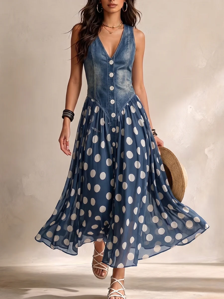Galina™ | Vintage Polka Dot Denim Maxi Dress