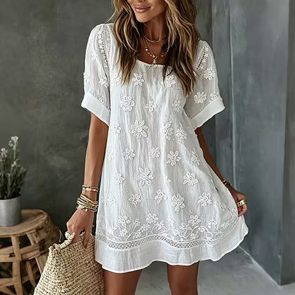 Women's White Rose Art Embroidered Linen Blend Round Neck Midi Dress