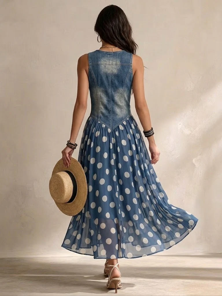 Galina™ | Vintage Polka Dot Denim Maxi Dress
