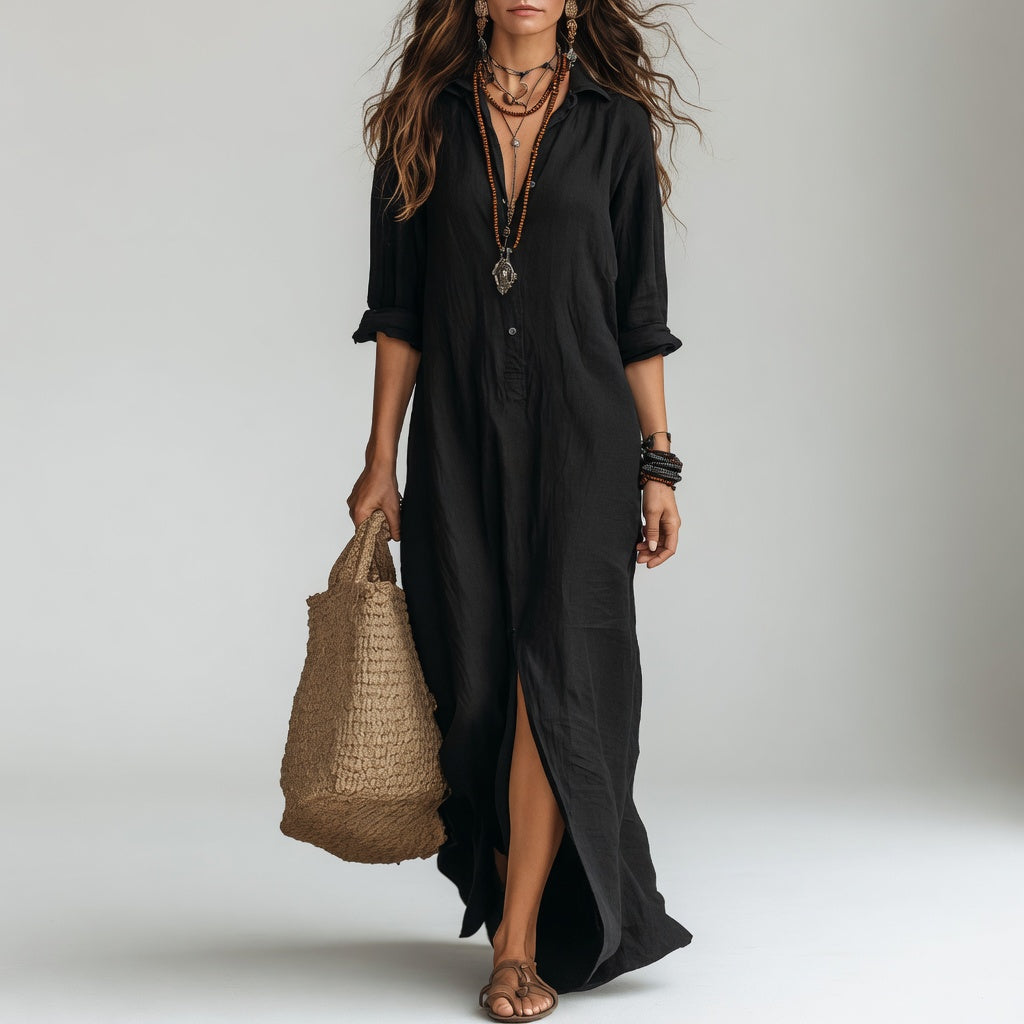 Violaine™ — Long Bohemian Shirt Dress of Natural Elegance