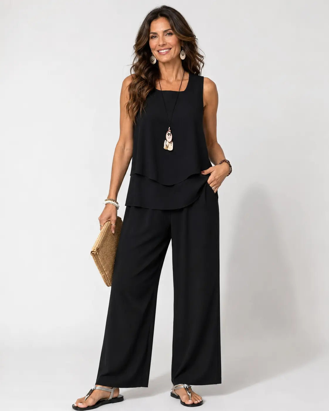 Eloísa™ | Black Layered Top and Wide Leg Pants