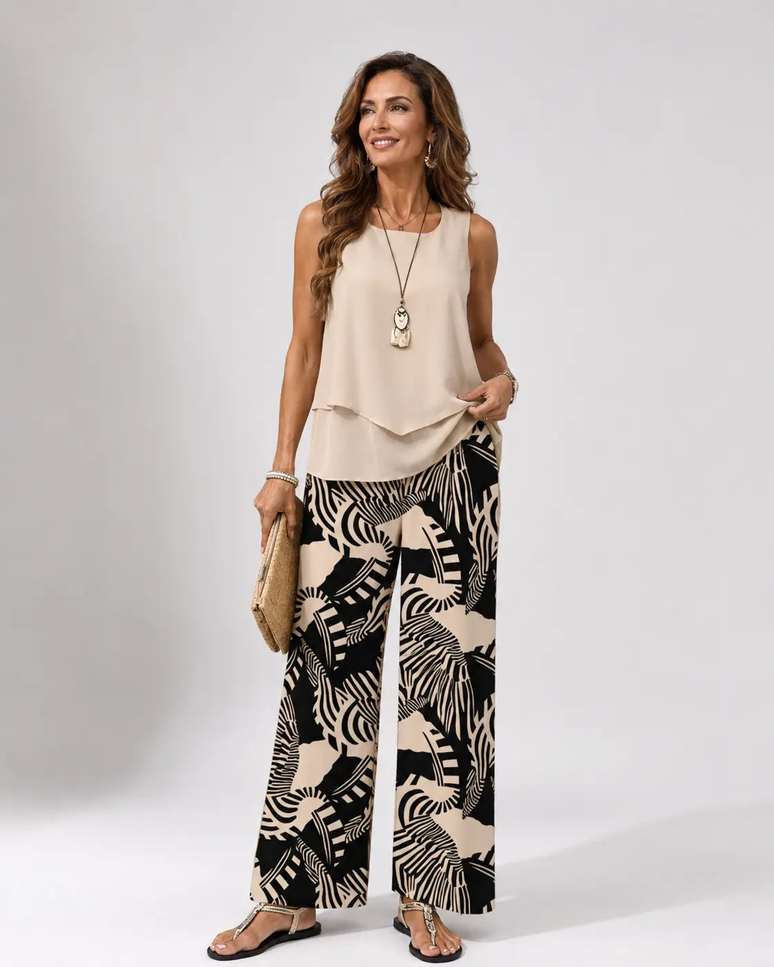 Ignacia™ | Beige Blouse and Botanical Pant Set