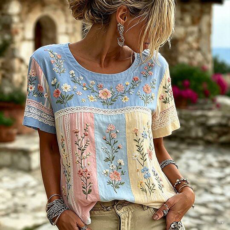 Floral and Color Block T-Shirt