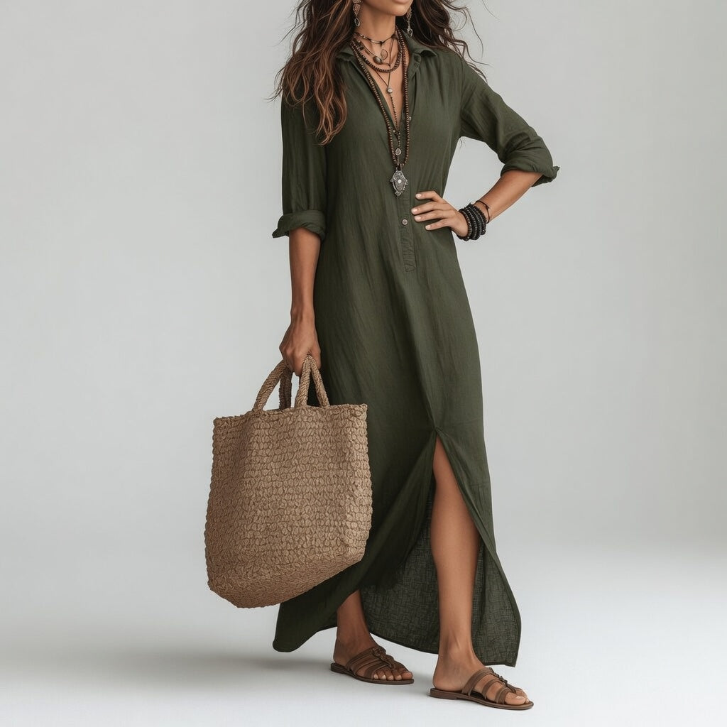 Violaine™ — Long Bohemian Shirt Dress of Natural Elegance