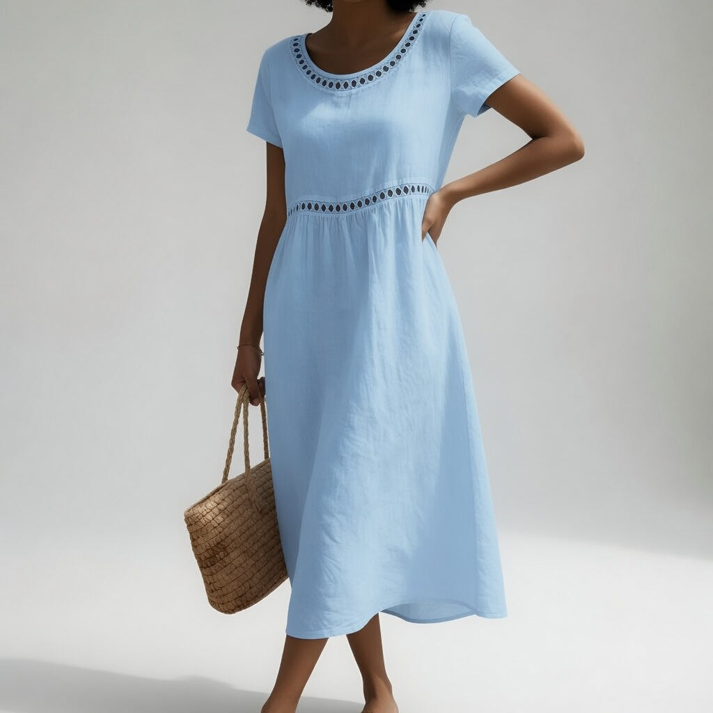 Pernelle™ — Mid-Length Dress 100% Cotton Embroidered with Soft Femininity