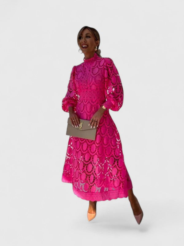 Elisanna | Luxe Lace High‑Neck Midi Dress