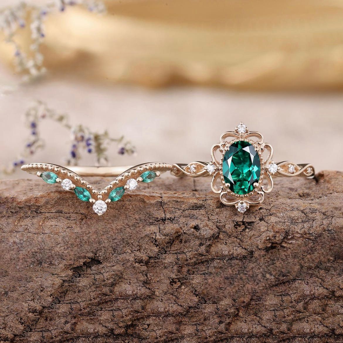 Aurelle Emerald Crown Ring Set