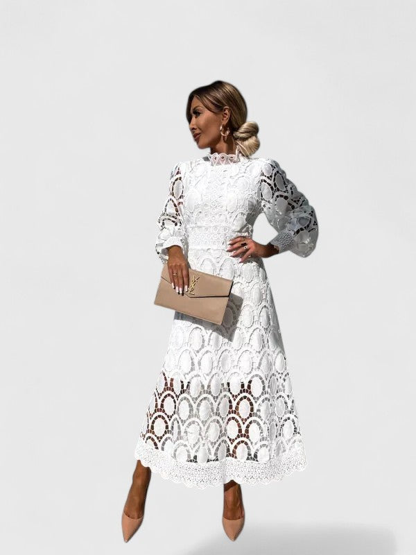 Elisanna | Luxe Lace High‑Neck Midi Dress