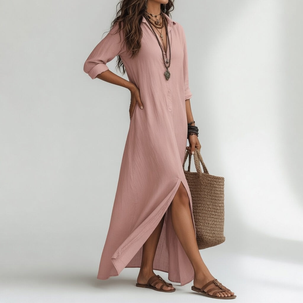 Violaine™ — Long Bohemian Shirt Dress of Natural Elegance