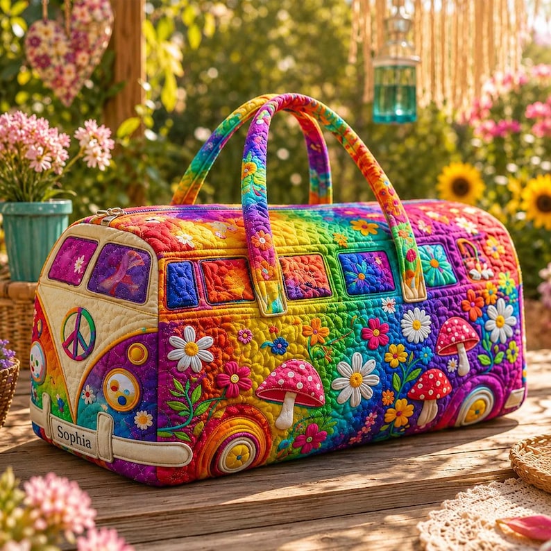 Groovy Rainbow Flower And Mushroom Personalized Quilted Duffle Bag LD01