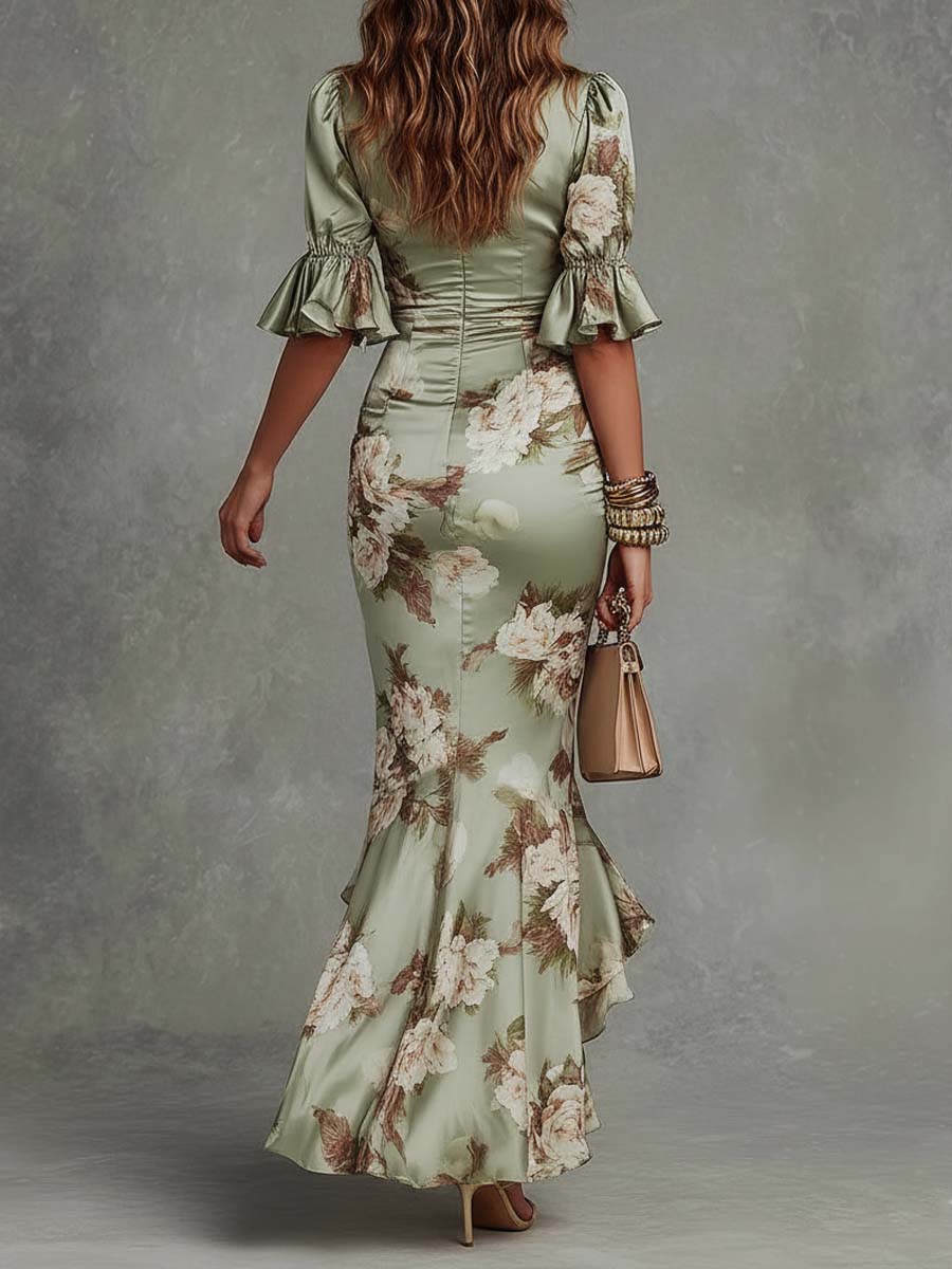 Anastasia | Long Satin Dress with Floral Print