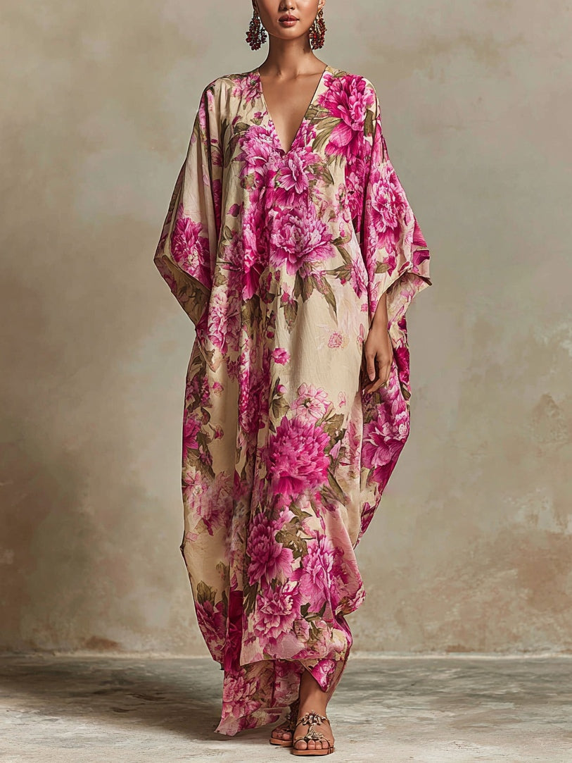 Floral Art Resort V-neck Batwing Sleeve Kaftan Maxi Dress