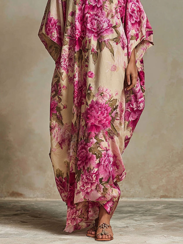 Floral Art Resort V-neck Batwing Sleeve Kaftan Maxi Dress