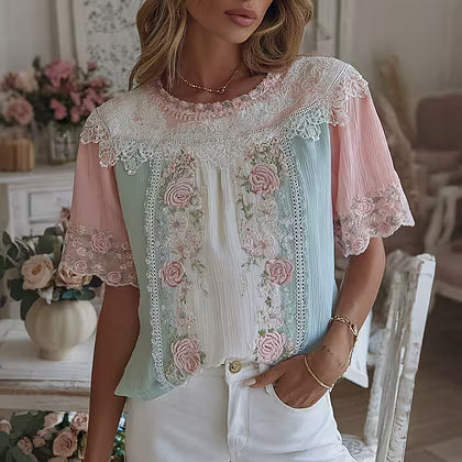 Women's Vintage Boho Floral Patchwork Art Round Neck Short Sleeve T-shirt